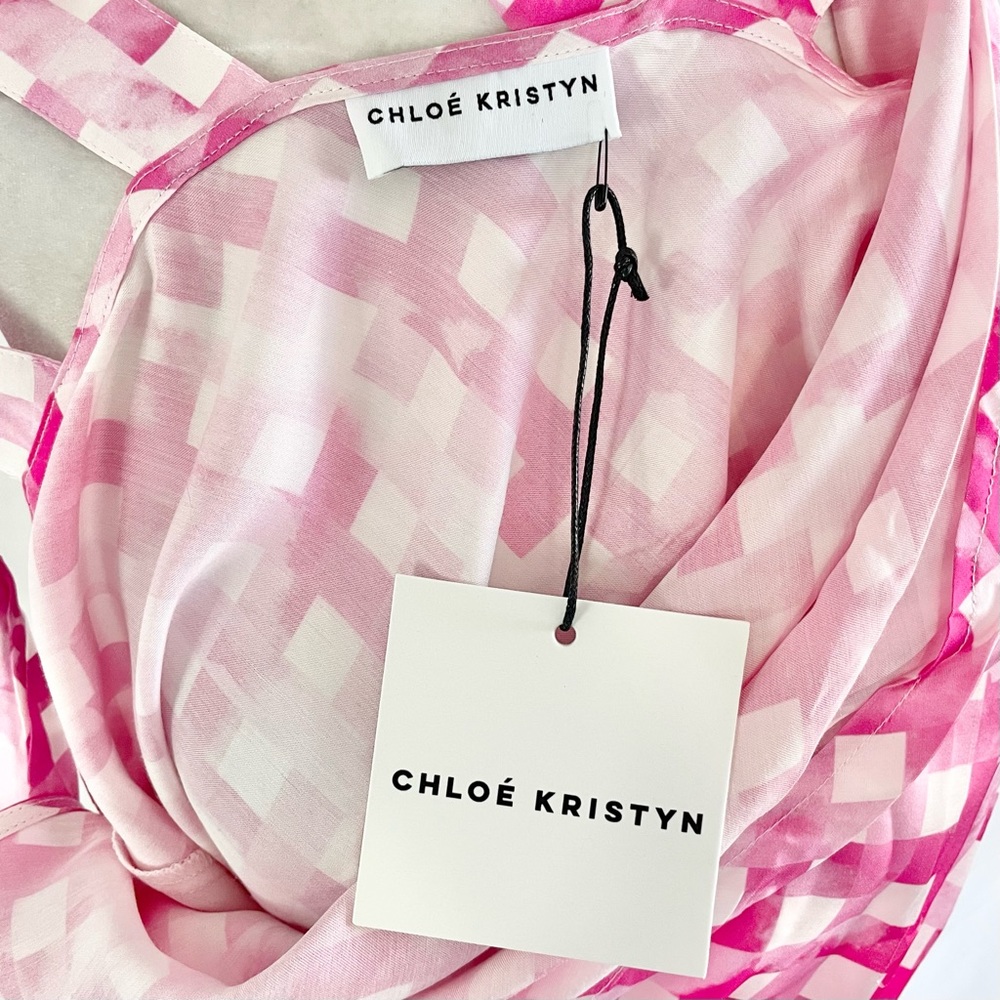 New Chloe Kristyn Gingham Satin Double Strap Cowl Neck Tank Top Pink Size Large - Picture 12 of 16